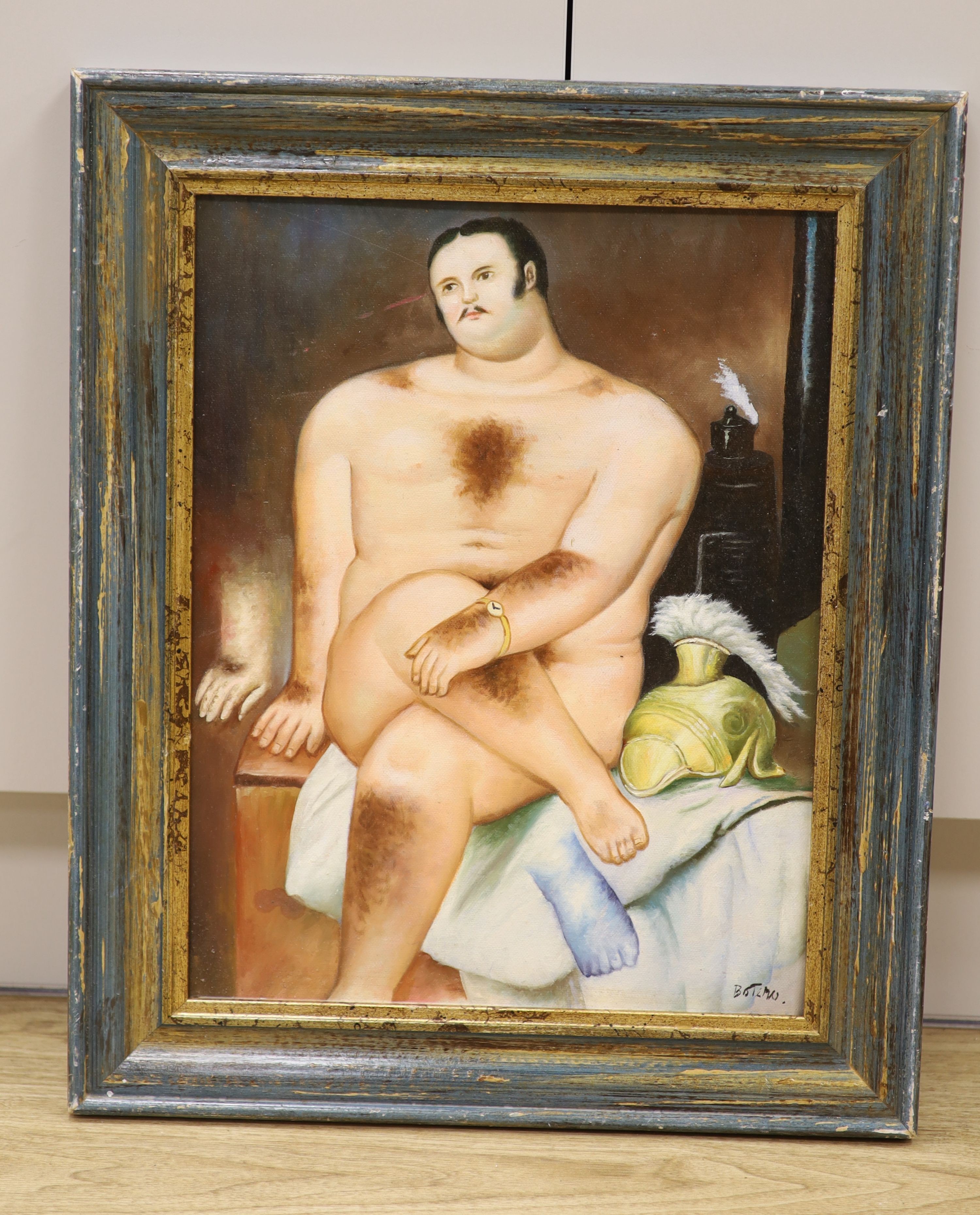 After Botero, oil on board, Seated male nude, bears signature, 44 x 34cm